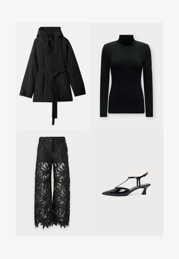 Veste noire rembourrée avec capuche, ceinture à nouer réglable, manches longues et texture lisse. Design uni, sans motifs visibles ni matériel.; Haut noir moulant à col roulé manches longues, à la texture lisse et au design uni, présenté sur un fond gris clair neutre.; Pantalon noir avec un motif de dentelle à feuilles, coupe large et tissu transparent. Les bords sont festonnés, mettant en valeur les détails complexes.; Chaussure slingback en cuir verni noir à bout pointu avec bride en T et petit talon bloc incliné sur fond blanc.