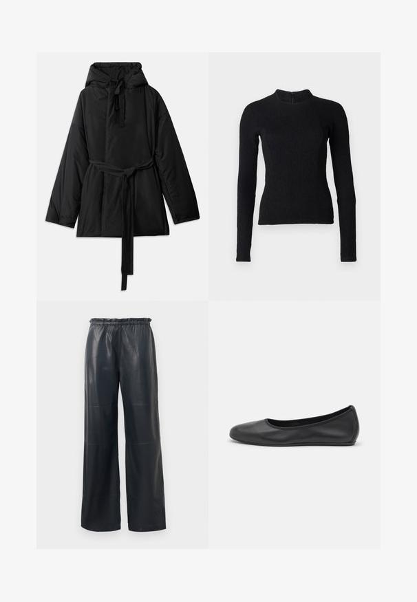 Veste noire rembourrée avec capuche, ceinture à nouer réglable, manches longues et texture lisse. Design uni, sans motifs visibles ni matériel.; Top noir à manches longues avec une coupe ajustée, en tissu texturé, et un col montant. Dispose d'une fermeture éclair dissimulée dans le dos.; Pantalons large en simili cuir noir avec une taille élastique, présentant une texture lisse et des coutures soignées.; Ballerines en cuir noir avec un bout rond, texture lisse, détails de couture minimalistes et design de semelle flexible.
