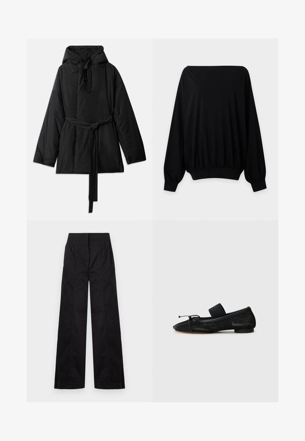 Sort polstret jakke med hætte, justerbart bindebælte, lange ærmer og en glat tekstur. Enkelt design, uden synlige mønstre eller hardware.; Sort langærmet off-shoulder top med elastiske manchetter og kant, vist på en ensfarvet lys grå baggrund.; Sorte bukser med høj talje og vide ben, med frontsyninger og sidelommer, vist mod en ensfarvet lys baggrund.; Sort flad sko med spids tå, lavet af tekstureret stof, med en sløjfeaccent og en lille, rund hæl. Elastisk rem ved anklen.