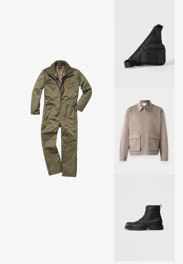 Licht beige jack met een ritssluiting aan de voorkant, spitse kraag en twee voorste zakken met klep. Het materiaal heeft een gladde, licht gestructureerde afwerking.; Olijfgroene jumpsuit gemaakt van duurzaam weefsel, met een ritssluiting aan de voorkant, geribde kraag en meerdere met rits afsluitbare zakken op de borst en zijkanten.; Zwarte gestructureerde leren veterschoen tot de enkel met dikke zool en een lusje aan de achterkant, zijaanzicht.; Zwarte Calvin Klein crossbodytas met verstelbare band, voorvak met rits en een subtiel logopatroon op een effen achtergrond.
