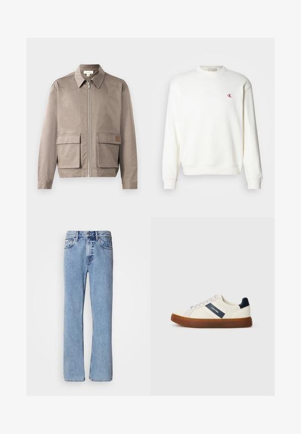 Lys beige jakke med lynlås foran, spids krave og to forsætslommer. Materialet har en glat, let struktureret overflade.; Hvid crewneck sweatshirt lavet af bomuld, med et lille rødt "ck" logo på brystet, ribbede manchetter og kant. Enkel, glat tekstur.; Lyseblå denimjeans med lige ben design, fem lommer og knaplukning. Syninger nær lommer og talje.; Hvite lærsneakers med marineblå accenter, prydet med en marineblå logostribe, grå snørebånd og en brun gummisål. Minimalistisk design.