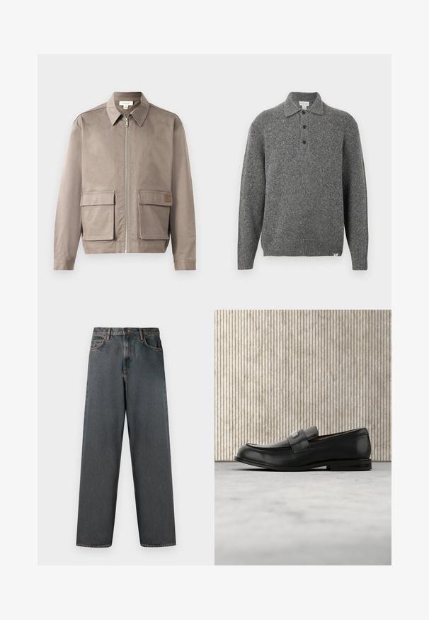 Lys beige jakke med lynlås foran, spids krave og to forsætslommer. Materialet har en glat, let struktureret overflade.; Grå strikket pullover med polokrave, fem-knaps lukning, lange ærmer og ribbede manchetter; har et tekstureret stof med subtile prikker.; Mørkegrå denimjeans med lige ben, fem lommer og en knap- og lynlås-lukning. Stofmet har diskret falming og syninger.; Sort læderloafer med metalbrandskilt hvilende nær et brunt rundt bord på beige tæppe.
