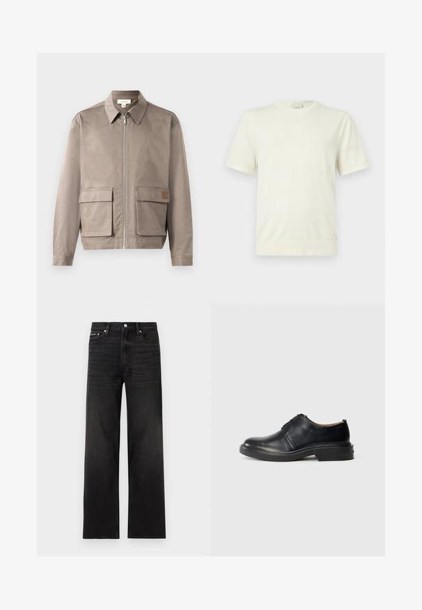 Hellbeige Jacke mit Reißverschluss vorne, spitzem Kragen und zwei vorderen Klappentaschen. Das Material hat eine glatte, leicht strukturierte Oberfläche.; Schlichtes weißes Kurzarm-T-Shirt mit Rundhalsausschnitt, Rippbund und Bündchen, präsentiert vor einem neutralen hellgrauen Hintergrund.; Schwarze Jeans mit geraden Beinen, fünf Taschen, Gürtelschlaufen und Knopfverschluss, auf weißem Hintergrund dargestellt.; Schwarze Leder-Oxfords mit runder Zehenpartie, Schnürung an der Vorderseite und niedrigem, gestapeltem Absatz vor einem schlichten, hellen Hintergrund.