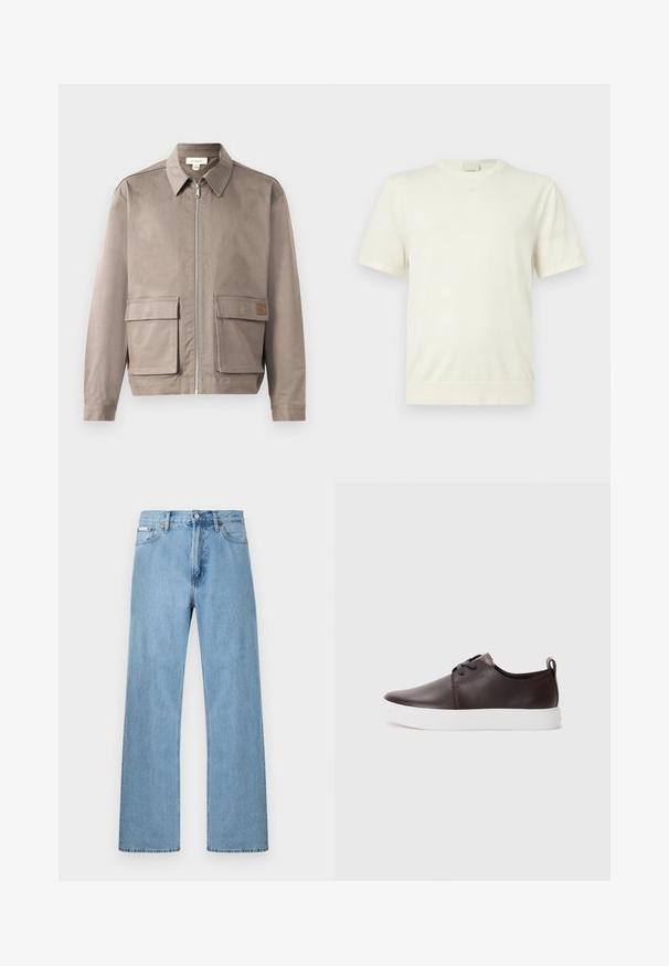 Hellbeige Jacke mit Reißverschluss vorne, spitzem Kragen und zwei vorderen Klappentaschen. Das Material hat eine glatte, leicht strukturierte Oberfläche.; Schlichtes weißes Kurzarm-T-Shirt mit Rundhalsausschnitt, Rippbund und Bündchen, präsentiert vor einem neutralen hellgrauen Hintergrund.; Hellblaue gerade geschnittene Jeans im Five-Pocket-Design mit Knopfverschluss an der Taille, präsentiert vor einem schlichten Hintergrund.; Braune Leder-Sneaker mit glatter Oberfläche, weißer Gummisohle, abgerundeter Zehenpartie und Schnürverschluss. Mit einer Schlaufe am Absatz.