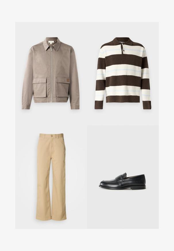 Hellbeige Jacke mit Reißverschluss vorne, spitzem Kragen und zwei vorderen Klappentaschen. Das Material hat eine glatte, leicht strukturierte Oberfläche.; Langärmliger Polopullover mit breiten dunkelbraunen, weißen und dünnen hellblauen horizontalen Streifen, geknöpftem Kragen und gerippten Bündchen.; Beige, weit geschnittene Hosen aus einer Baumwollmischung. Mit einem Knopfverschluss und Gürtelschlaufen. Glatte Textur mit minimalen Nähten.; Schwarze Leder-Loeffler mit abgerundetem Zehenbereich, gesteppten Details und einer flachen Gummisohle. Verfügt über ein breites Band über dem Fußrücken.