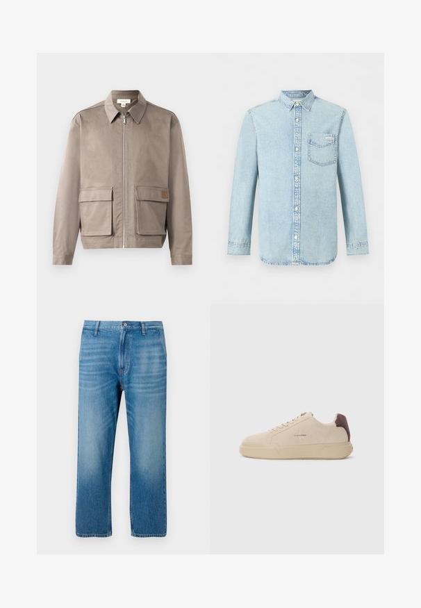 Lys beige jakke med lynlås foran, spids krave og to forsætslommer. Materialet har en glat, let struktureret overflade.; Lyseblå denim-skjorte med lange ærmer, knaplukning foran, enkelt brystlomme med Calvin Klein-logo og spids krave.; Lys blå denimbukser med lige pasform, fem lomme-design, knaplukning og subtil falmning på forsiden. Ingen synlige mønstre.; Beige ruskind sneakers med rund tå, snørret foran og en brun ruskindsdetalje på hælen. Har en tekstureret gummisål.