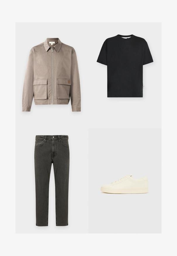 Licht beige jack met een ritssluiting aan de voorkant, spitse kraag en twee voorste zakken met klep. Het materiaal heeft een gladde, licht gestructureerde afwerking.; Zwart T-shirt met korte mouwen en een ronde hals, met subtiele reliëftekst op de borst en een klein wit stoffen label in de zijnaden.; Zwarte denim jeans met rechte pijpen, frontknopen, riemlussen en een ontwerp met vijf zakken, weergegeven tegen een witte achtergrond.; Slofkleurige sneaker met een glad leren bovenwerk, ronde neus, vetersluiting en een geribbelde rubberen zool. Minimalistisch ontwerp, zonder logo's.