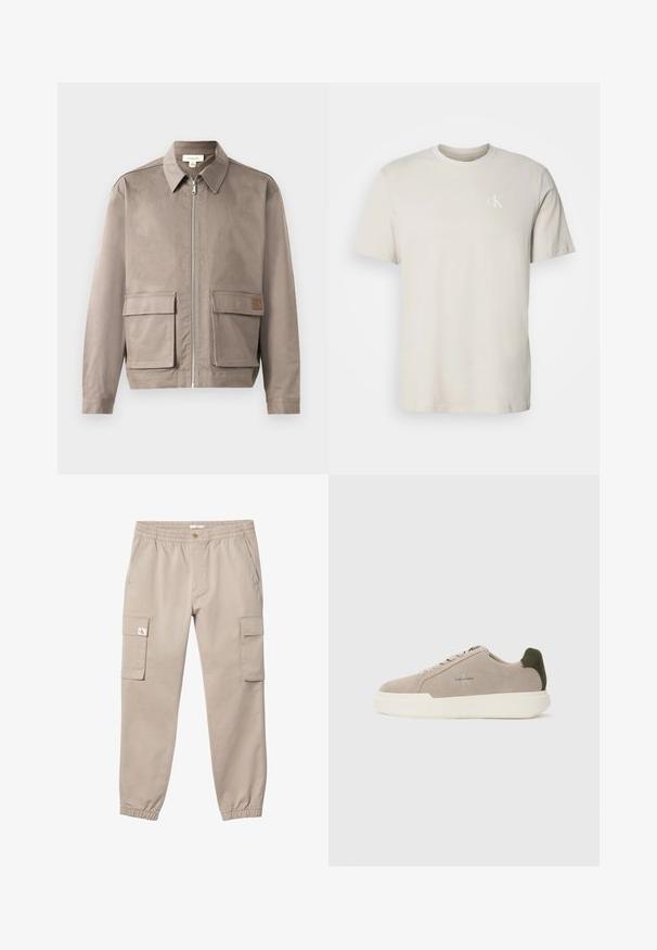 Lys beige jakke med lynlås foran, spids krave og to forsætslommer. Materialet har en glat, let struktureret overflade.; Beige kortærmet T-shirt i bomuld med rund hals og lille hvidt "cK"-logo på venstre bryst.; Beige cargobukser med elastisk talje og manchetter, knaplukning, sidelommer og klaplommer på begge lår. Lille logo på venstre lommesklap.; Beige ruskinds sneakers med en hvid gummisål, der har en mørkegrøn hælaccent og subtil branding på siden.