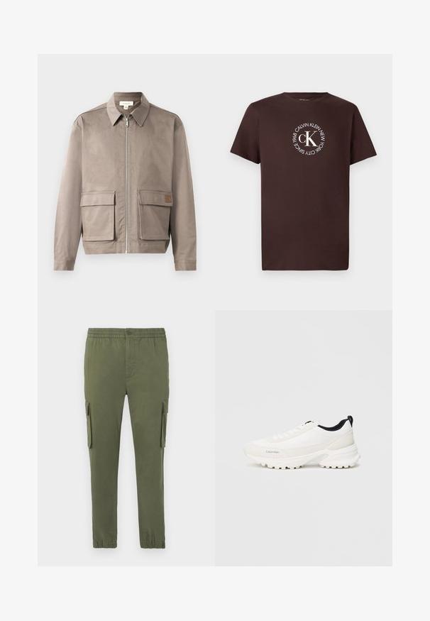 Lys beige jakke med lynlås foran, spids krave og to forsætslommer. Materialet har en glat, let struktureret overflade.; Brun bomulds-t-shirt med korte ærmer, med en cirkulær hvid logo med teksten "CALVIN KLEIN NEW YORK SINCE 1968" og "cK" i midten.; Cargo bukser i oliven grøn, lavet af et letvægtigt stof. Har elastisk talje, knaplukning og sidelommer med lynlås.; Hvide sportssko med en glat overdel og polstret krave, der har en distinkt struktureret sål for greb og diskret branding på siden.