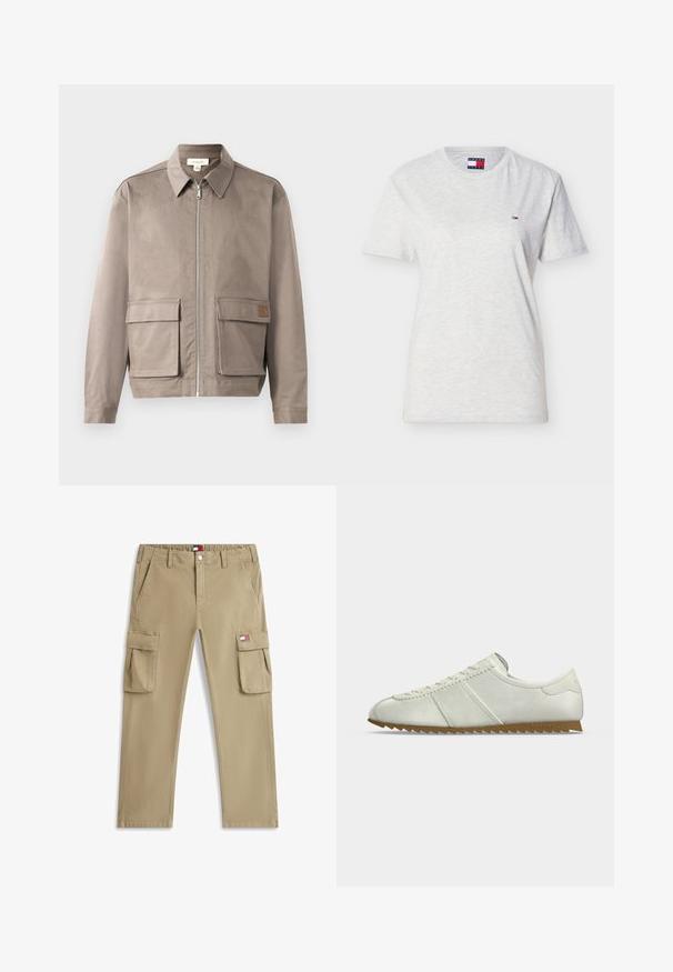 Hellbeige Jacke mit Reißverschluss vorne, spitzem Kragen und zwei vorderen Klappentaschen. Das Material hat eine glatte, leicht strukturierte Oberfläche.; Weißes T-Shirt mit kurzen Ärmeln, Rundhalsausschnitt, kleinem Tommy Jeans-Logo auf der linken Brust und markiertem Etikett im Krageninnenteil.; Beige Cargohosen mit Fronttaschen, Gürtelschlaufen, Knopfverschluss und einem kleinen Tommy Jeans Logo-Patch auf der rechten Cargotasche.; Niedrigprofiliger weißer Sneaker mit Wildlederakzenten, Schnürverschluss und brauner Zickzack-Gummisohle, von der Außenseite gezeigt.