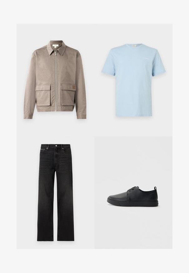 Hellbeige Jacke mit Reißverschluss vorne, spitzem Kragen und zwei vorderen Klappentaschen. Das Material hat eine glatte, leicht strukturierte Oberfläche.; Hellblaues T-Shirt mit kurzen Ärmeln und Rundhalsausschnitt, mit kleinem weißen "Calvin Klein"-Logo auf der linken Brust.; Schwarze Jeans mit geraden Beinen, fünf Taschen, Gürtelschlaufen und Knopfverschluss, auf weißem Hintergrund dargestellt.; Schwarze Leder-Sneaker mit glatter Oberfläche, abgerundeter Zehenpartie, gleichfarbiger Nähte, schnürbarem Vorderteil und flacher Gummisohle. Schlaufe an der Ferse.