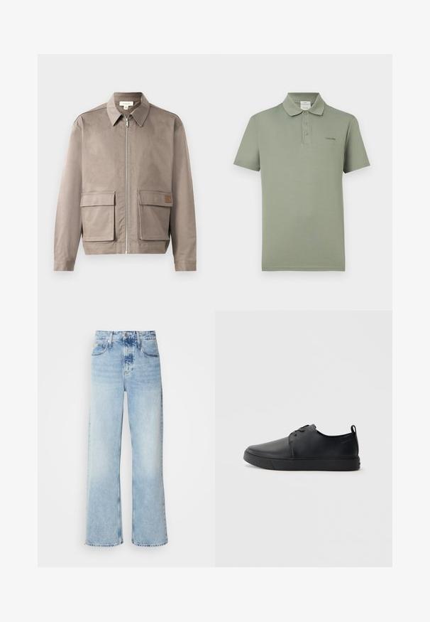 Hellbeige Jacke mit Reißverschluss vorne, spitzem Kragen und zwei vorderen Klappentaschen. Das Material hat eine glatte, leicht strukturierte Oberfläche.; Kurzärmeliges olivgrünes Poloshirt mit drei Knöpfen und kleinem Calvin Klein Logo auf der linken Brust.; Helle blaue weite Jeans mit hoher Taille, in verwaschenem Finish, mit Gürtelschlaufen und klassischem Fünf-Taschen-Design. Der Saum ist ungesäumt.; Schwarze Leder-Sneaker mit glatter Oberfläche, abgerundeter Zehenpartie, gleichfarbiger Nähte, schnürbarem Vorderteil und flacher Gummisohle. Schlaufe an der Ferse.