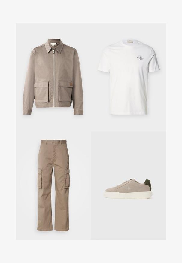 Hellbeige Jacke mit Reißverschluss vorne, spitzem Kragen und zwei vorderen Klappentaschen. Das Material hat eine glatte, leicht strukturierte Oberfläche.; Weißes kurzärmeliges Baumwoll-T-Shirt mit kleinem grauem "Calvin Klein"-Logo auf der linken Brust, Rundhalsausschnitt und regulärer Passform.; Beige Cargo-Hosen aus Baumwolle mit einer lockeren Passform, zwei Seitentaschen und einem Knopfverschluss am Bund.; Beige Wildledersneaker mit einer weißen Gummisohle, die einen dunkelgrünen Akzent an der Ferse und dezente Markenaufschrift an der Seite aufweisen.