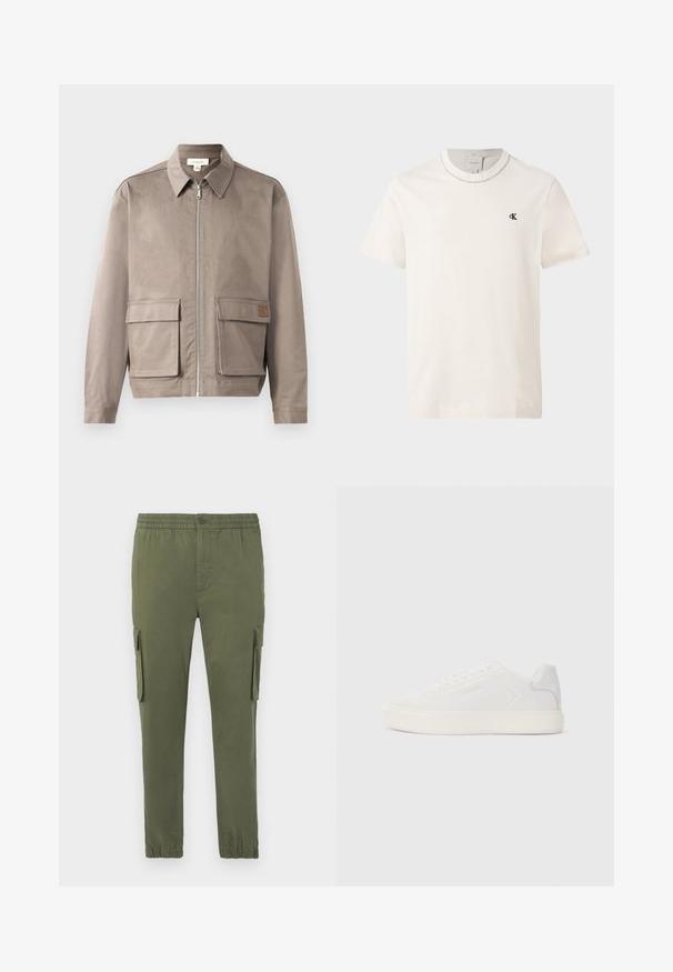 Licht beige jack met een ritssluiting aan de voorkant, spitse kraag en twee voorste zakken met klep. Het materiaal heeft een gladde, licht gestructureerde afwerking.; Korte mouw off-white Calvin Klein T-shirt met ronde hals en klein zwart "cK" logo op de linkerborst.; Cargo-broeken in olijfgroen, gemaakt van een lichtgewicht stof. Voorzien van een elastische tailleband, knoopsluiting en zijzakken met rits.; Witte sneaker met een gladde synthetische bovenkant, ronde neus en platte witte zool. Voorzien van tonale stiksels en minimalistische branding aan de zijkant.