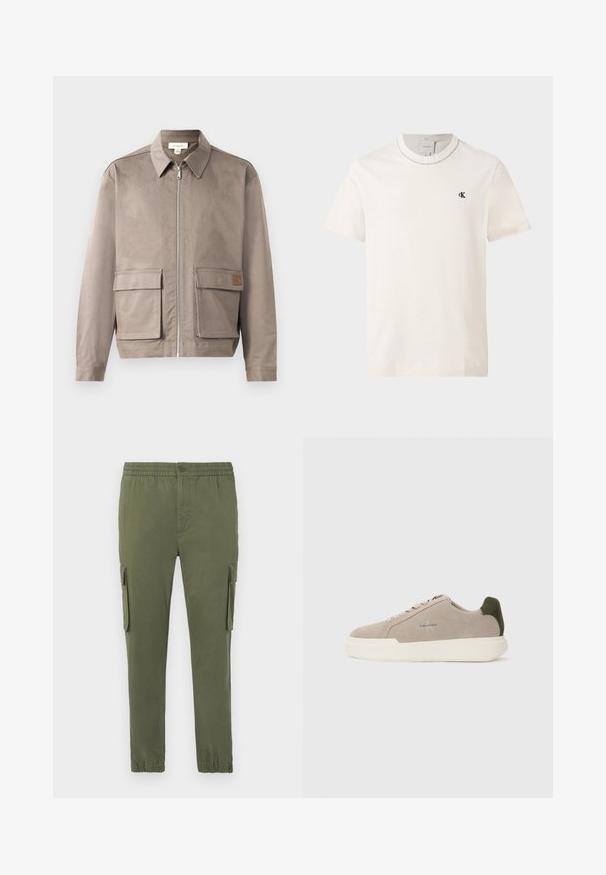 Licht beige jack met een ritssluiting aan de voorkant, spitse kraag en twee voorste zakken met klep. Het materiaal heeft een gladde, licht gestructureerde afwerking.; Korte mouw off-white Calvin Klein T-shirt met ronde hals en klein zwart "cK" logo op de linkerborst.; Cargo-broeken in olijfgroen, gemaakt van een lichtgewicht stof. Voorzien van een elastische tailleband, knoopsluiting en zijzakken met rits.; Beige suède sneakers met een witte rubberen zool, voorzien van een donkergroene hielaccent en subtiele branding aan de zijkant.