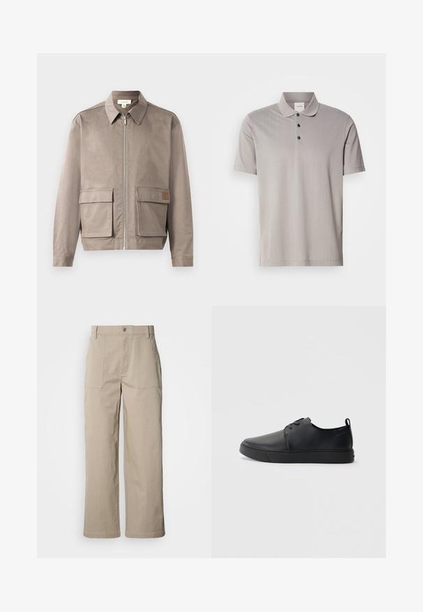 Licht beige jack met een ritssluiting aan de voorkant, spitse kraag en twee voorste zakken met klep. Het materiaal heeft een gladde, licht gestructureerde afwerking.; Grijze polo met korte mouwen gemaakt van een gladde stof, met een klassieke kraag en drie zwarte knopen. Subtiele verticale ribbelstructuur door het geheel.; Beige wijde broek van katoen; voorzien van voorzakken met klep, een knoopsluiting en zichtbare stiknaden langs de zoom.; Zwarte leren sneaker met een gladde afwerking, ronde neus, tonale stiknaden, vetersluiting aan de voorkant en een vlakke rubberen zool. Lussje aan de hak.