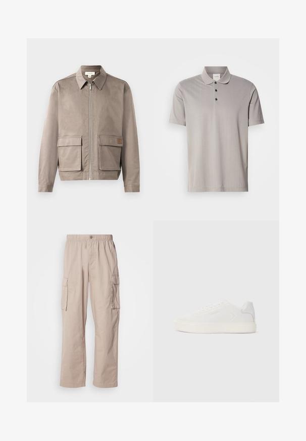 Lys beige jakke med lynlås foran, spids krave og to forsætslommer. Materialet har en glat, let struktureret overflade.; Grå kortærmet polo shirt lavet af glat stof, med en klassisk krave og tre sorte knapper. Subtil lodret ribbet mønster gennem hele skjorten.; Beige cargo bukser med en afslappet pasform, elastisk talje, knaplukning og sidelommer. Fremstillet af letvægtsmateriale med en glat tekstur.; Hvid sneaker med glat syntetisk overdel, rund tå og flad hvid sål. Har tonale syninger og minimal branding på siden.