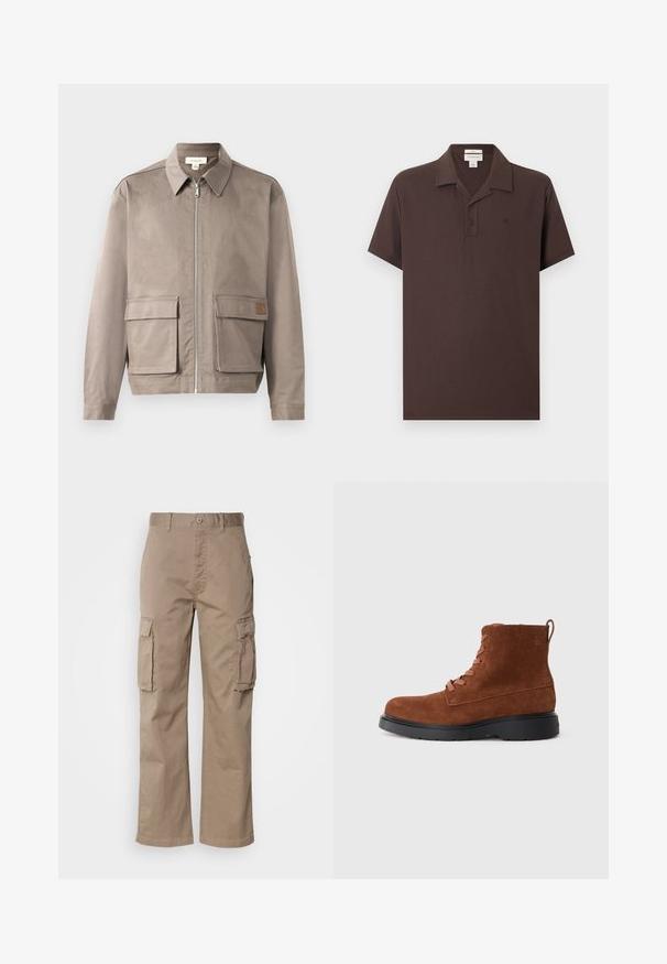 Hellbeige Jacke mit Reißverschluss vorne, spitzem Kragen und zwei vorderen Klappentaschen. Das Material hat eine glatte, leicht strukturierte Oberfläche.; Dunkelbraunes Polohemd mit kurzen Ärmeln, zwei Knöpfen, einem umklappbaren Kragen und einem kleinen gestickten Logo auf der linken Brust.; Beige Cargo-Hosen aus Baumwolle mit einer lockeren Passform, zwei Seitentaschen und einem Knopfverschluss am Bund.; Braune Wildleder-Stiefelette mit runder Zehenform, schwarzem Gummisohle und passendem Schnürdesign. Verfügt über eine Zuglasche auf der Rückseite für einfaches An- und Ausziehen.