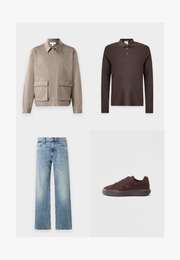 Lys beige jakke med lynlås foran, spids krave og to forsætslommer. Materialet har en glat, let struktureret overflade.; Mørkebrun poloshirt med lange ærmer, tre knapper og et lille logo på venstre bryst, vist på en ensartet lys baggrund.; Lyseblå denim jeans med lige ben, højt talje, fem lommer, knaplukning og diskrete falmede områder på lår og knæ.; Burgunderfarget ruskindssneaker med gummisål, der har runde snørebånd og en subtil præget logo på siden til branding.