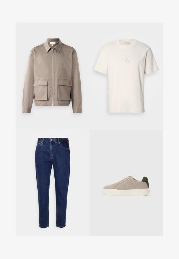 Licht beige jack met een ritssluiting aan de voorkant, spitse kraag en twee voorste zakken met klep. Het materiaal heeft een gladde, licht gestructureerde afwerking.; Crème katoenen t-shirt met korte mouwen, voorzien van geborduurd "CK" logo in een lichtbeige draad. Klassieke pasvorm met een ronde hals.; Donkerblauwe straight-leg spijkerbroek met knoop- en ritssluiting aan de voorkant, riemlussen, en voor- en achterzakken.; Beige suède sneakers met een witte rubberen zool, voorzien van een donkergroene hielaccent en subtiele branding aan de zijkant.