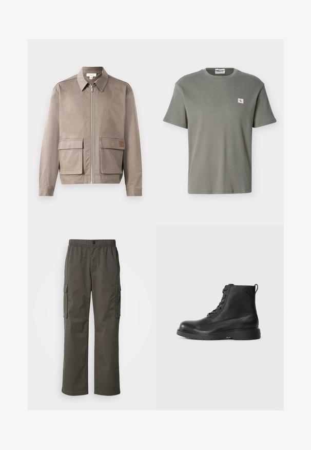 Licht beige jack met een ritssluiting aan de voorkant, spitse kraag en twee voorste zakken met klep. Het materiaal heeft een gladde, licht gestructureerde afwerking.; Grijs shirt met korte mouwen en een wafelstructuur, ronde hals, met een klein CK-logo op de linkerborst, afgebeeld tegen een witte achtergrond.; Cargo-broeken in donkergrijs met een elastische tailleband, twee zijzakken en een relaxte pasvorm. Gemaakt van duurzame stof met een soepele textuur.; Zwarte enkellaars van textuurleer met een ronde neus, vetersluiting en een stevige zwarte rubbere zool. Heeft een lus aan de hiel.