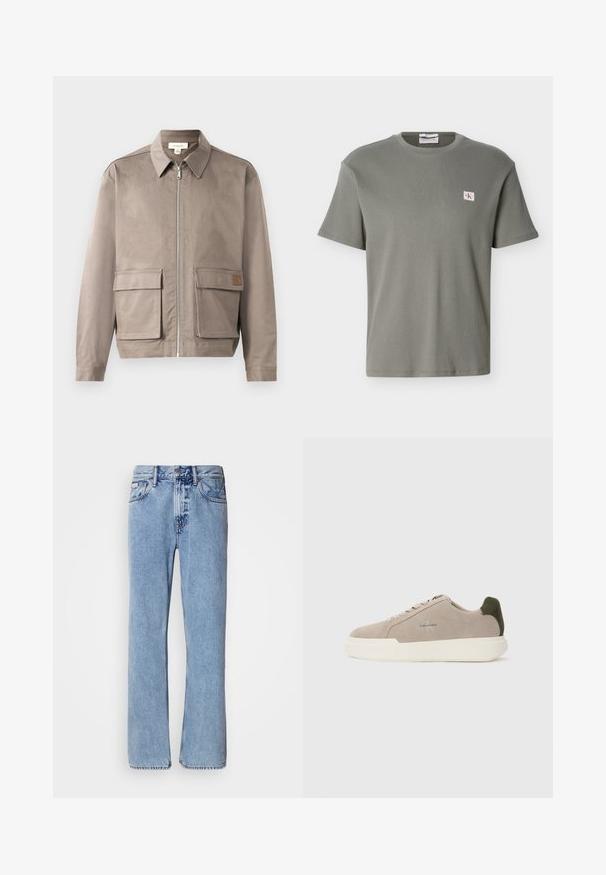 Licht beige jack met een ritssluiting aan de voorkant, spitse kraag en twee voorste zakken met klep. Het materiaal heeft een gladde, licht gestructureerde afwerking.; Grijs shirt met korte mouwen en een wafelstructuur, ronde hals, met een klein CK-logo op de linkerborst, afgebeeld tegen een witte achtergrond.; Lichtblauwe denim jeans met een recht ontwerp, vijf zakken en een knoopsluiting. Stikdetails nabij de zakken en de tailleband.; Beige suède sneakers met een witte rubberen zool, voorzien van een donkergroene hielaccent en subtiele branding aan de zijkant.