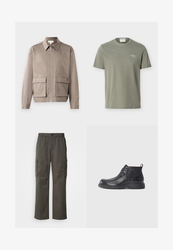 Lys beige jakke med lynlås foran, spids krave og to forsætslommer. Materialet har en glat, let struktureret overflade.; Lysegrøn kortærmet t-shirt med rund hals og lille hvid Calvin Klein-logo på venstre bryst.; Cargo bukser i mørkegrå med elastisk talje, to sidelommer og en afslappet pasform. Fremstillet af holdbart stof med en glat tekstur.; Sorte læder ankelstøvler med rund tå, snørelukning og en løkke bagpå. Tekstureret overdel og gummisål.