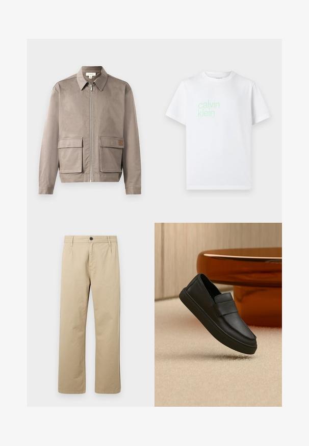 Lys beige jakke med lynlås foran, spids krave og to forsætslommer. Materialet har en glat, let struktureret overflade.; Hvid bomulds t-shirt med korte ærmer. Har et lysegrønt "calvin klein" logo trykt foran. Standard crew neck design.; Beige bomuldsbukser med lige ben design. Har en frontknaplukning og bæltestropper. Glat overflade uden mønstre eller detaljer.; Sort lædersko med elastik over vristen, placeret på et beige tæppe og ved et brunt rundt bord.