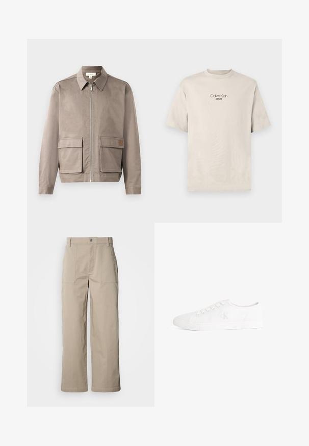 Lys beige jakke med lynlås foran, spids krave og to forsætslommer. Materialet har en glat, let struktureret overflade.; Beige kortærmet T-shirt med rund hals og "Calvin Klein JEANS" logo centreret på brystet.; Beige bukser med vide ben lavet af bomuld; har forlommer, knaplukning og synlig syning langs kanterne.; Hvid lavtop canvas-sneaker med hvide snørebånd og et diskret "cK"-logo på siden, gummisål med tekstureret tåhætter.