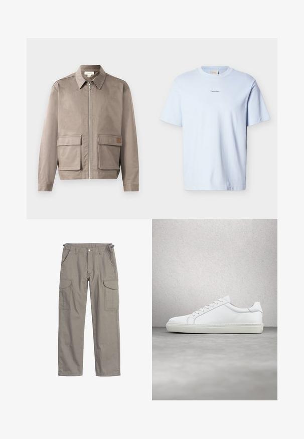 Hellbeige Jacke mit Reißverschluss vorne, spitzem Kragen und zwei vorderen Klappentaschen. Das Material hat eine glatte, leicht strukturierte Oberfläche.; Hellblaues Baumwoll-T-Shirt mit rundem Ausschnitt und kurzen Ärmeln, versehen mit einem kleinen schwarzen "Calvin Klein"-Logo auf der Brust.; Cargo-Hosen aus hellgrauem Stoff, mit zwei großen Seitentaschen, Fronttaschen, einem Knopfverschluss und lockerer Passform.; Weißer Sneaker mit glattem Lederobermaterial und niedrigem Profil. Verfügt über eine runde Zehenpartie, sechs Ösen und eine strukturierte Gummisohle.