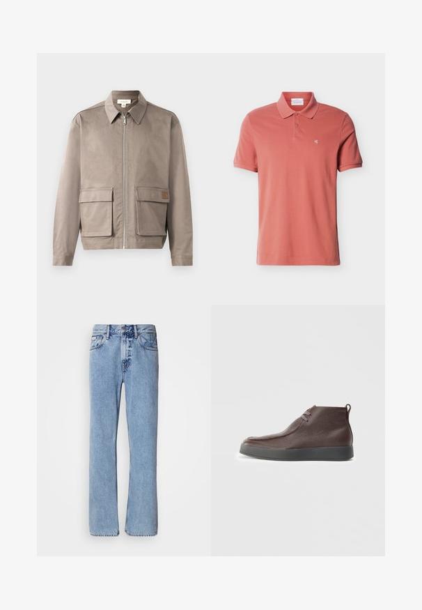 Hellbeige Jacke mit Reißverschluss vorne, spitzem Kragen und zwei vorderen Klappentaschen. Das Material hat eine glatte, leicht strukturierte Oberfläche.; Herren-Poloshirt in kurzem Ärmel und staubigem Rosaton mit zwei Knöpfen und kleinem weißem "cK"-Logo auf der linken Brust.; Hellblaue Jeans aus Denim mit geradem Bein, fünf Taschen und Knopfverschluss. Nähte in der Nähe der Taschen und des Bundes.; Braune Leder-Ankle-Boots mit strukturierter Oberfläche, weichem, abgerundetem Zehenbereich und grauer Gummisohle, ausgestattet mit zwei Ösen für Schnürsenkel.