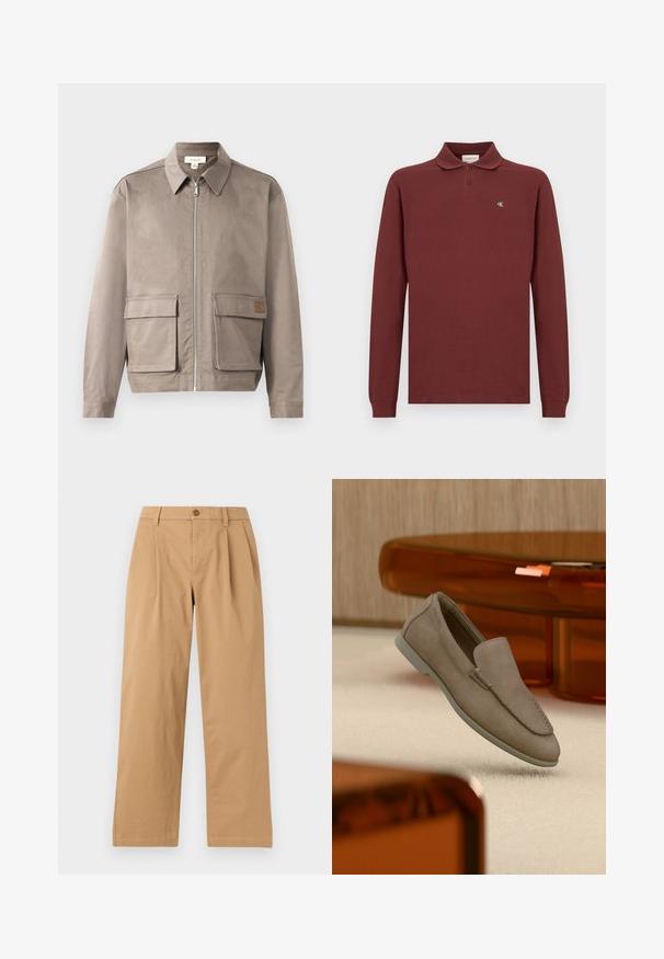 Hellbeige Jacke mit Reißverschluss vorne, spitzem Kragen und zwei vorderen Klappentaschen. Das Material hat eine glatte, leicht strukturierte Oberfläche.; Bordeauxrot langärmliges Poloshirt aus Baumwolle, mit klassischem Kragen, Drei-Knopf-Leiste und kleinem gesticktem Logo auf der Brust.; Hellbraune, gerade geschnittene Hose mit Bügelfalten vorne, Gürtelschlaufen und Knopfverschluss am Bund vor einfarbigem Hintergrund.; Beiger Wildleder-Slipper mit sichtbarer Naht und heller Sohle, auf einem cremefarbenen Teppich platziert, mit orange-transparenten Möbeln im Hintergrund.