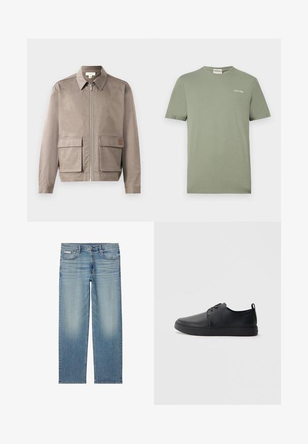 Hellbeige Jacke mit Reißverschluss vorne, spitzem Kragen und zwei vorderen Klappentaschen. Das Material hat eine glatte, leicht strukturierte Oberfläche.; Olivgrünes Calvin Klein T-Shirt mit kurzen Ärmeln, Rundhalsausschnitt und kleinem Logo auf der linken Brust.; Hellblaue Jeans mit geradem Bein, ausgewaschenen Details, vorderem Knopf und Reißverschluss sowie einem Fünf-Taschen-Design inklusive kleinem Calvin Klein Label auf der Tasche.; Schwarze Leder-Sneaker mit glatter Oberfläche, abgerundeter Zehenpartie, gleichfarbiger Nähte, schnürbarem Vorderteil und flacher Gummisohle. Schlaufe an der Ferse.