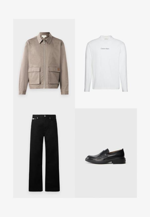Licht beige jack met een ritssluiting aan de voorkant, spitse kraag en twee voorste zakken met klep. Het materiaal heeft een gladde, licht gestructureerde afwerking.; Wit shirt met lange mouwen en ronde hals met "Calvin Klein" in het zwart gedrukt, gecentreerd op de borst.; Zwarte spijkerbroek met een wijd uitlopende pasvorm, voorzien van vijf zakken en metallic knopen. Gladde textuur, geen zichtbare patronen.; Zwarte leren instap schoenen met een lage hak en subtiel Calvin Klein-logo aan de zijkant, weergegeven in profiel op een witte achtergrond.