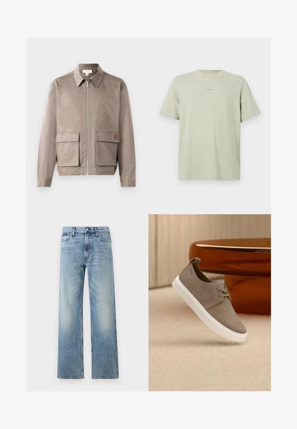Hellbeige Jacke mit Reißverschluss vorne, spitzem Kragen und zwei vorderen Klappentaschen. Das Material hat eine glatte, leicht strukturierte Oberfläche.; Hellgrünes Baumwoll-T-Shirt mit Rundhalsausschnitt, kurzen Ärmeln und einem kleinen Calvin Klein-Logo in einer dunkleren Farbe, das auf der Brust gedruckt ist.; Hellblaue Jeans mit geradem Bein, hohem Bund, fünf Taschen, Knopfverschluss und dezentem Verblassen an Oberschenkeln und Knien.; Taupefarbener Wildleder-Schnürsneaker mit weißer Sohle, der über einem beigen Teppich schwebt, neben einem glänzenden braunen, abgerundeten Möbelstück.