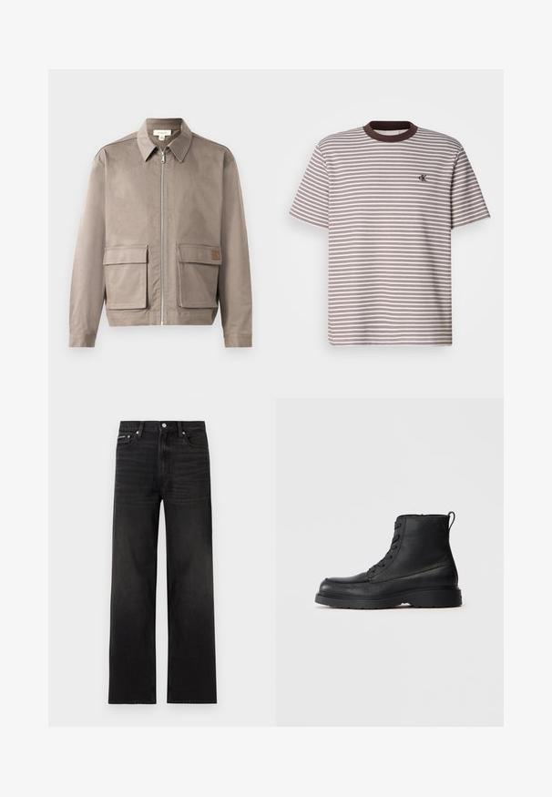 Hellbeige Jacke mit Reißverschluss vorne, spitzem Kragen und zwei vorderen Klappentaschen. Das Material hat eine glatte, leicht strukturierte Oberfläche.; Gestreiftes T-Shirt mit kurzen Ärmeln in Braun und Creme mit horizontalen Streifen, Rundhalsausschnitt mit braunem Saum und kleinem gestickten Logo auf der Brust.; Schwarze Jeans mit geraden Beinen, fünf Taschen, Gürtelschlaufen und Knopfverschluss, auf weißem Hintergrund dargestellt.; Schwarze strukturierte Leder-Schnürstiefelette mit dicker Sohle und Zuglasche hinten, Seitenansicht.