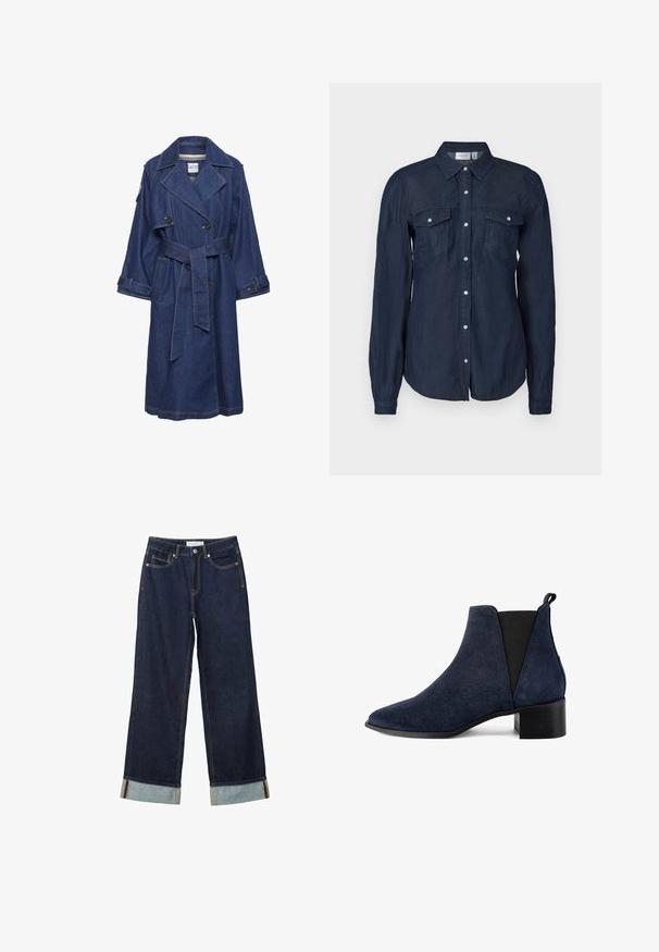 Manteau trench en denim bleu foncé avec un devant croisé, de larges revers et une ceinture à nouer. Il dispose de deux poches latérales et de poignets à boutons.; Chemise boutonnée bleu marine en tissu léger, dotée de deux poches avant, de manches longues et d'un col classique avec un ourlet arrondi.; Jean large bleu foncé à taille haute, avec des ourlets roulés, des coutures contrastées et un design à cinq poches. Fabriqué en tissu en denim.; Botte cheville en suède bleu marine avec un bout pointu, des panneaux latéraux élastiques et un petit talon bloc. Texture lisse avec des accents minimaux.
