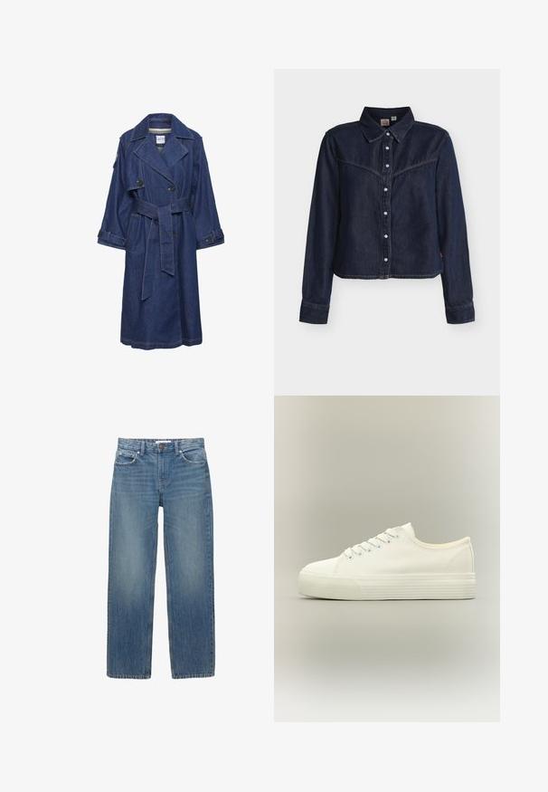Manteau trench en denim bleu foncé avec un devant croisé, de larges revers et une ceinture à nouer. Il dispose de deux poches latérales et de poignets à boutons.; Chemise à manches longues en denim bleu foncé avec boutons pression, empiècement style western, col pointu et ourlet droit sur fond blanc.; Jeans en denim bleu clair à coupe droite, avec cinq poches et des éléments en métal de couleur cuivrée. Le tissu présente une légère décoloration et une texture douce.; Baskets basses blanches en toile avec lacets à l'avant et semelle épaisse en caoutchouc texturée sur fond neutre.