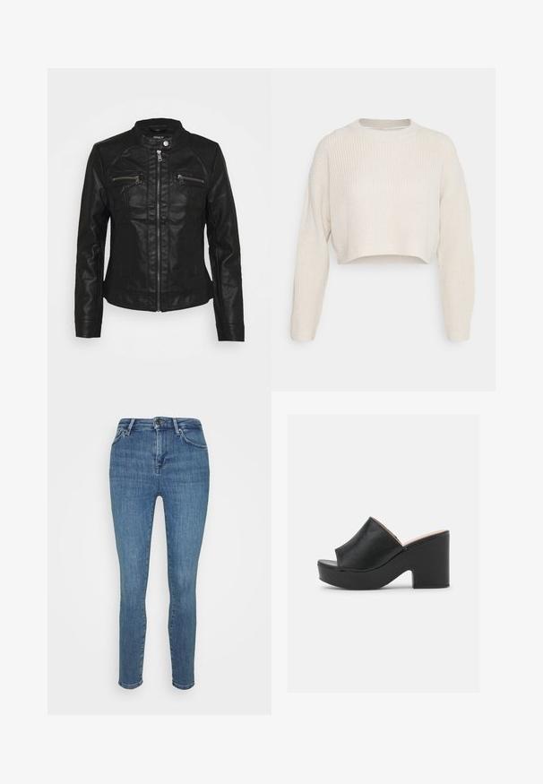 Sort læderjakke med standkrave, frontlynlås og to lynlåslommer på brystet. Har struktureret syning og tætsiddende silhuet.; Afklippet sweater i off-white med ribbet tekstur, rund halsudskæring og lange, let oversized ærmer.; Slim-fit, mid-rise blå denim jeans med en glat tekstur, fem lommer og lynlåsgylf. Har minimal falmning og et klassisk design.; Sorte læder open-toe mules har et bredt forreste strop og en chunky, høj platformhæl med en glat tekstur. Vist fra siden.