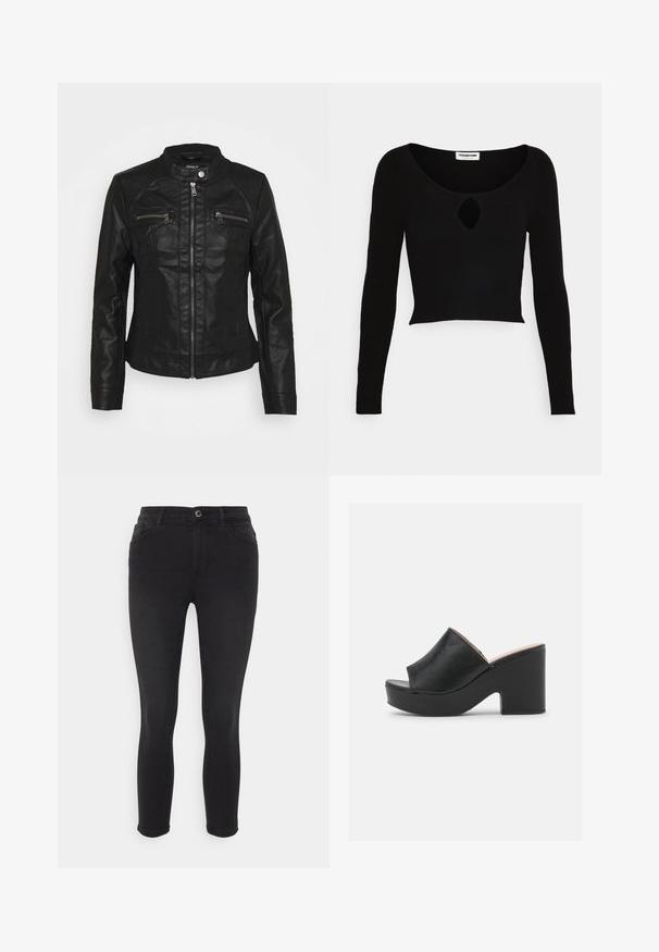 Chaqueta de cuero negra con cuello alzado, cierre frontal de cremallera y dos bolsillos en el pecho con cremallera. Presenta un diseño de costura texturizada y una silueta ajustada.; Noisy May Petite NMORLA - Jersey de punto - black; Jeans de mezclilla negra con un corte ajustado, con cierre de botón, cinco bolsillos y un sutil detalle de costura a lo largo de los lados.; Las mulas de cuero negro con punta abierta cuentan con una amplia tira frontal y un chunky tacón alto con una textura suave. Se muestra la vista lateral.