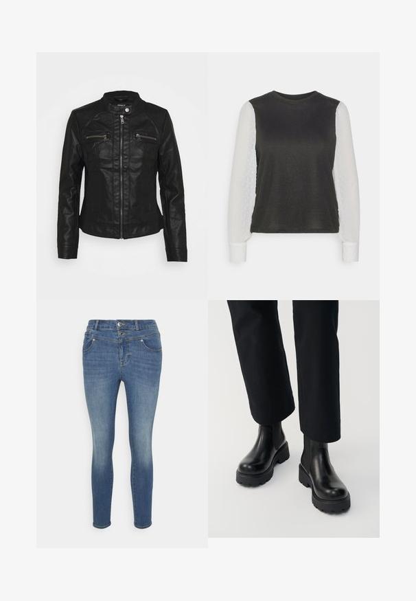 Sort læderjakke med standkrave, frontlynlås og to lynlåslommer på brystet. Har struktureret syning og tætsiddende silhuet.; ONLY Petite ONLAISSHA - Striktrøje - black/cloud dancer; ONLY Petite ONLWAUW - Jeans Skinny Fit - medium blue denim; Person iført sorte læderankelstøvler med chunky sål kombineret med sorte straight-leg bukser på hvid baggrund.
