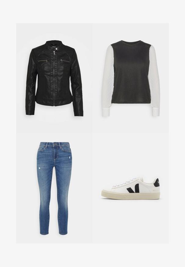 Sort læderjakke med standkrave, frontlynlås og to lynlåslommer på brystet. Har struktureret syning og tætsiddende silhuet.; ONLY Petite ONLAISSHA - Striktrøje - black/cloud dancer; Blå skinny jeans lavet af denim, med en slidte vask og mindre slid på benene, med klassisk fem-lomme design og frontknaplukning.; Hvide lædersneakers med sort gummiv V-logo. Tekstureret off-white sål, hvide snørebånd og bagside med brandnavn i sort.