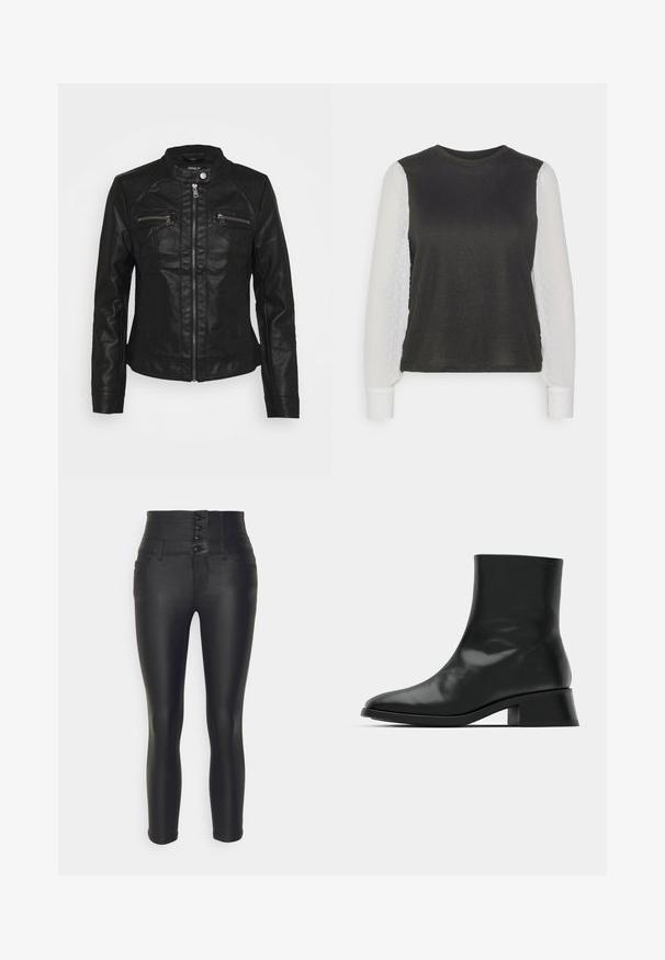 Sort læderjakke med standkrave, frontlynlås og to lynlåslommer på brystet. Har struktureret syning og tætsiddende silhuet.; ONLY Petite ONLAISSHA - Striktrøje - black/cloud dancer; ONLY Petite ONLCORAL - Bukser - black; Sort ankelstøvle lavet af blank læder, med et strømlinet design, spids tå og en moderat blokhælhøjde for stabilitet.