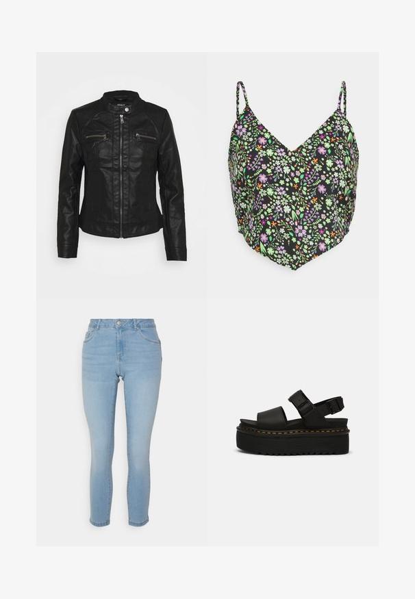 Chaqueta de cuero negra con cuello alzado, cierre frontal de cremallera y dos bolsillos en el pecho con cremallera. Presenta un diseño de costura texturizada y una silueta ajustada.; Noisy May Petite NMRUE SINGLET CROP TOP - Top - black; Vero Moda Petite VMALIA SHAPE - Vaqueros pitillo - light blue denim; Sandalias de plataforma negras con dos correas ajustables, suela de goma gruesa con textura acanalada y costuras naranjas contrastantes.