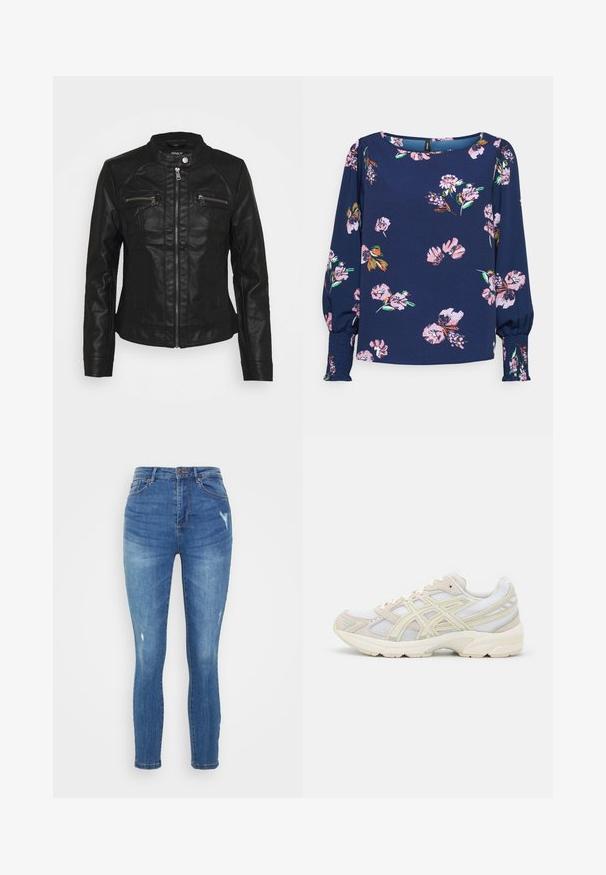 Chaqueta de cuero negra con cuello alzado, cierre frontal de cremallera y dos bolsillos en el pecho con cremallera. Presenta un diseño de costura texturizada y una silueta ajustada.; Vero Moda Petite VMLYDIA SMOCK - Blusa - navy blazer/lana; Vero Moda Petite VMSOPHIA SKINNY - Vaqueros pitillo - medium blue denim; Zapatillas de correr con parte superior de malla en gris claro y beige, con acentos en amarillo, suela acolchada y patrones texturizados en los laterales.