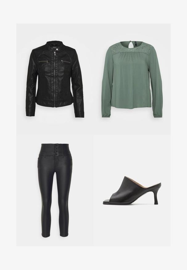 Chaqueta de cuero negra con cuello alzado, cierre frontal de cremallera y dos bolsillos en el pecho con cremallera. Presenta un diseño de costura texturizada y una silueta ajustada.; Blusa verde de manga larga con inserción de encaje en el escote, detalle fruncido y cierre de botón en la parte posterior. Textura de tela suave y lisa.; ONLY Petite ONLCORAL - Pantalones - black; Selected ASHLEY - Mules de tacón - black