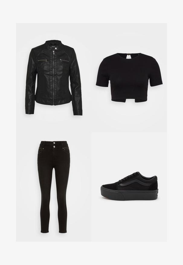 Sort læderjakke med standkrave, frontlynlås og to lynlåslommer på brystet. Har struktureret syning og tætsiddende silhuet.; ONLY Petite ONLRENE OPEN BACK HEART - T-shirts print - black; Sorte høj talje skinny jeans lavet af denim, med to frontlommer, en lynlåslomme og dobbelte knaplukninger med metallisk hardware.; Sort sneakers lavet af ruskind og lærred, med en rund tå, flad snørebåndsdesign og en tyk gummisål med subtil branding.