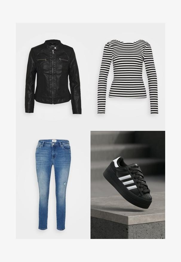 Schwarze Lederjacke mit Stehkragen, Front-Reißverschluss und zwei Reißverschluss-Brusttaschen. Verfügt über strukturierte Nähte und eine figurbetonte Silhouette.; Schwarz-weiße gestreifte Longsleeve-Bluse mit einem runden Ausschnitt, enganliegendem Design, glatter Stoffoberfläche und cleanem Schnitt am Saum und an den Bündchen.; ONLY Petite ONLSHAPE WAIST - Jeans Skinny Fit - medium blue denim; Schwarzer Sneaker mit weißen Streifen und Schnürsenkeln, in der Luft über einer grauen Betonkante vor unscharfem Hintergrund.