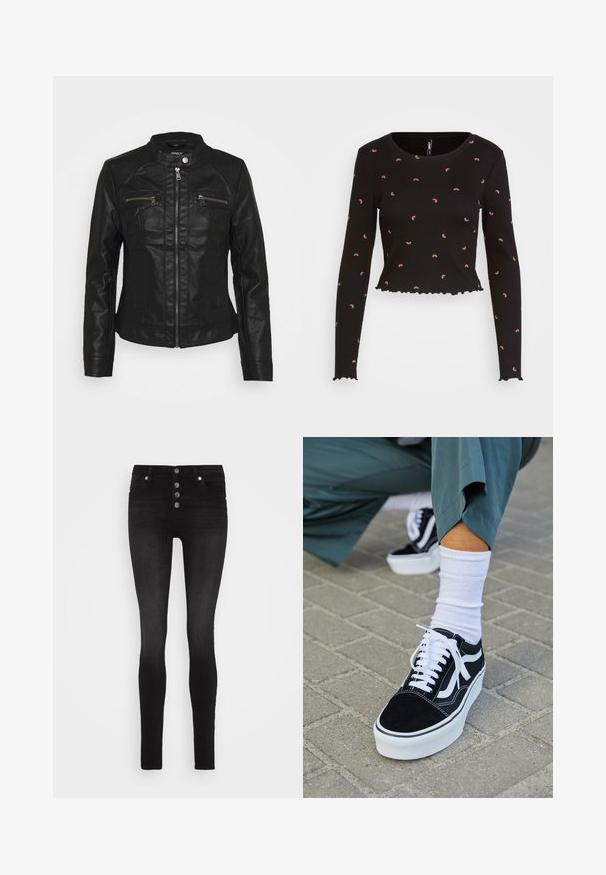 Čierna kožená bunda so stojačikom, predným zipsom a dvoma zipsovými vreckami na hrudi. Disponuje textúrovaným prešívaním a priliehavým strihom.; ONLY ONLFEN CROPPED - Top s dlhým rukávom - black; ONLY ONLBLUSH - Džínsy skinny fit - washed black; Čierne semišové tenisky s bielymi akcentmi a šnúrkami, s hrubou bielou podrážkou a kontrastným prešívaním, doplnené o bielu ponožku.