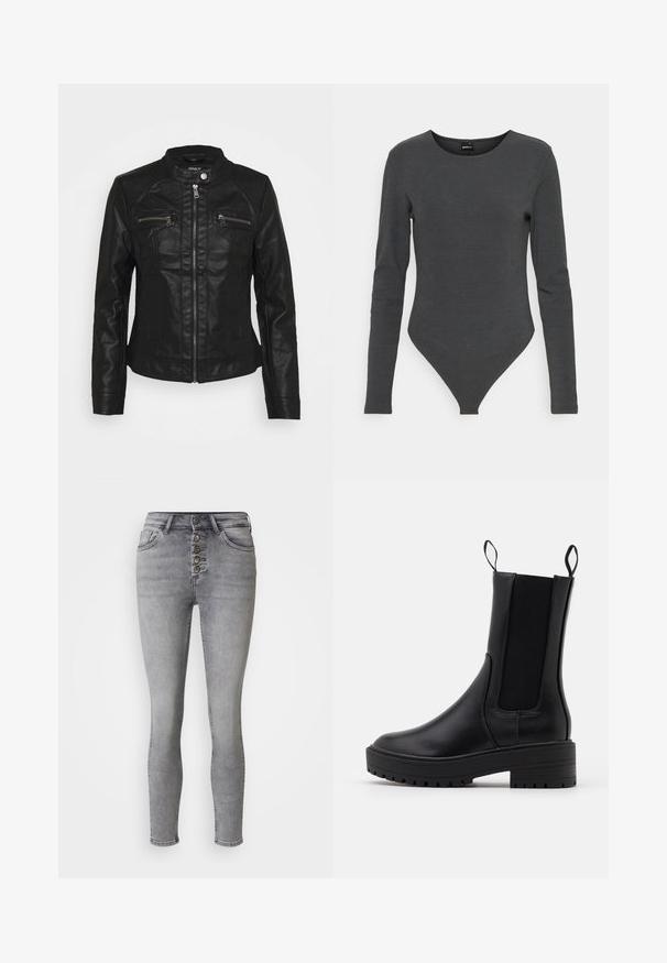Sort læderjakke med standkrave, frontlynlås og to lynlåslommer på brystet. Har struktureret syning og tætsiddende silhuet.; Gina Tricot Petite MAGGIE - T-shirts print - grey; Lysegrå skinny jeans med høj talje, fem knaplukninger og forlommer. Har minimal falming og en glat denim tekstur.; Sort ankelstøvle med en glat læderoverflade, elastiske sidestykker, trækstænger og en tykkere, tekstureret sål for ekstra greb.